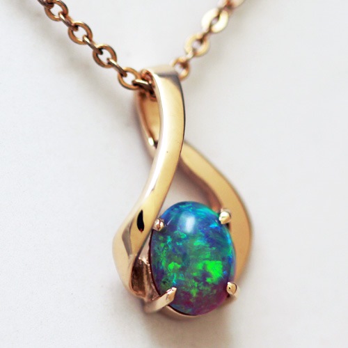 14k Yellow Gold Pendant with a SOLID CRYSTAL OPAL Very 3D show, Bright Green Floral Harlequin pattern